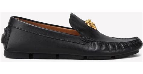 versace logo plaque leather loafers|Studded Logo Loafers Black,Gold .